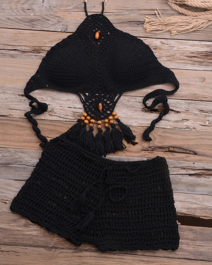 Crochet Bikini Set Push Up Swimwear Halter Bandage Swimsuit High Neck Bikini With Tassel Women Swim Bathing Suit Beachwear