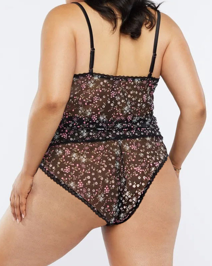 Hollow Out Sexy Sling Belt Slim Mesh Yarn Small Broken Flowers Two-piece Swimsuit
