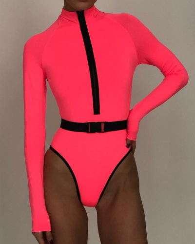New Fluorescent Color Sexy Zipper Down Insert Buckle Women's One-pieces Swimsuit S-L