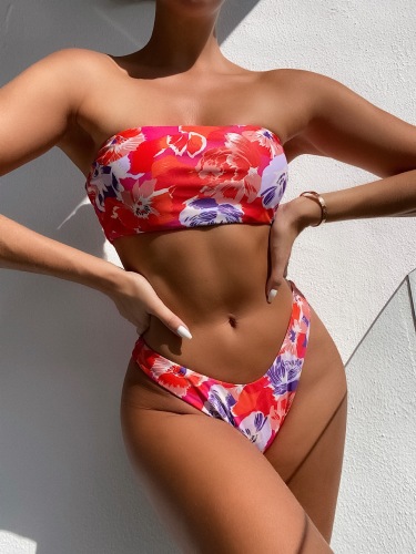 Hot Girl's Florals Print Strapless High Waist Thong Two-piece Swimsuit S-L