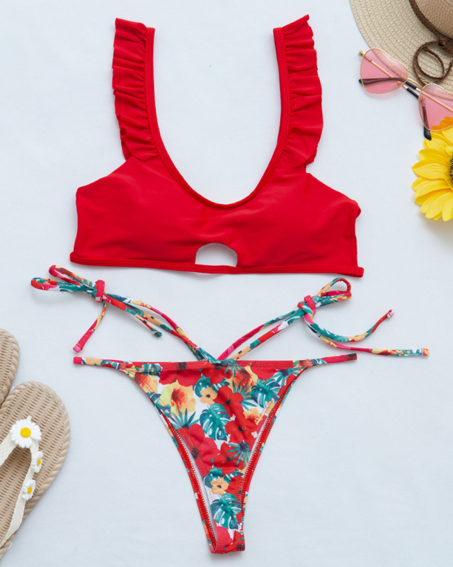 Flounces Print Strap Split Body Swimsuit Sexy Bikini Two-piece Swimsuit