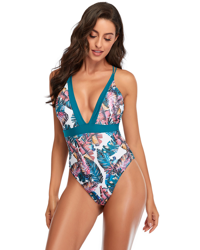 Sexy Women Deep V High Cut Flower Printed One-piece Swimsuit S-2XL