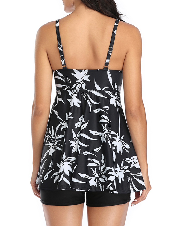 Women Summer Sunflower Printed Two-piece Swimsuit White Black S-3XL