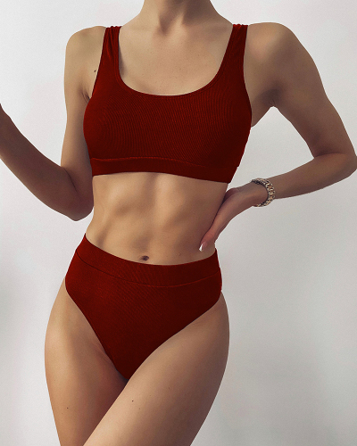 New Swimsuit Solid Color Multi-color Small Pit Strip U Neck High Waist Bikini