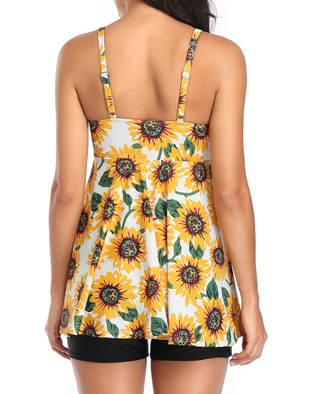Women Summer Sunflower Printed Two-piece Swimsuit White Black S-3XL