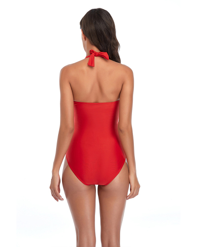 Women Solid Color V-Neck One-piece Swimsuit Pink Red Wine Red Black Yellow S-2XL