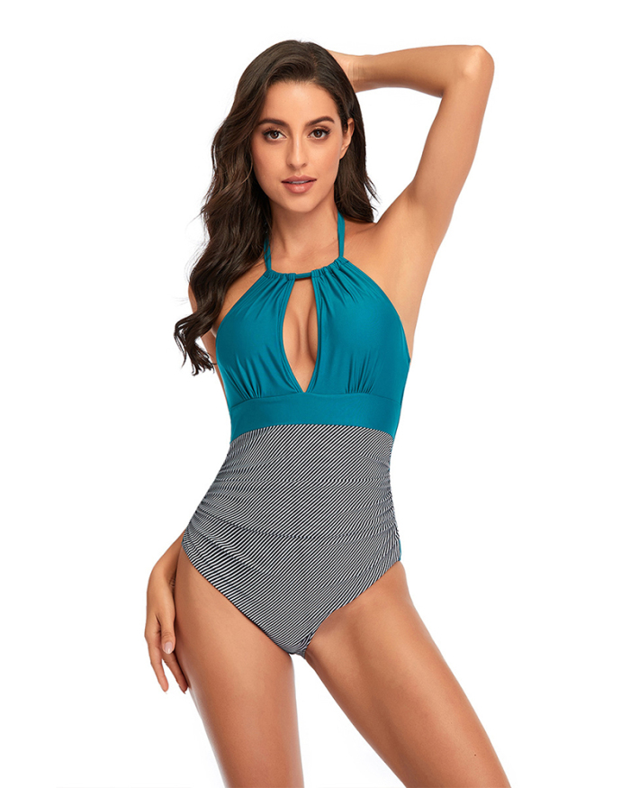 Fashion Hollow Out Colorblock Women One-piece Swimsuit Blue Pink S-2XL