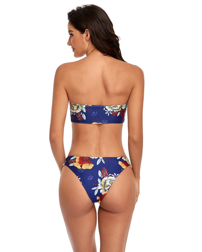 Women Florals Strapless Two-piece Swimsuit Swimwear Green Navy Blue S-XL