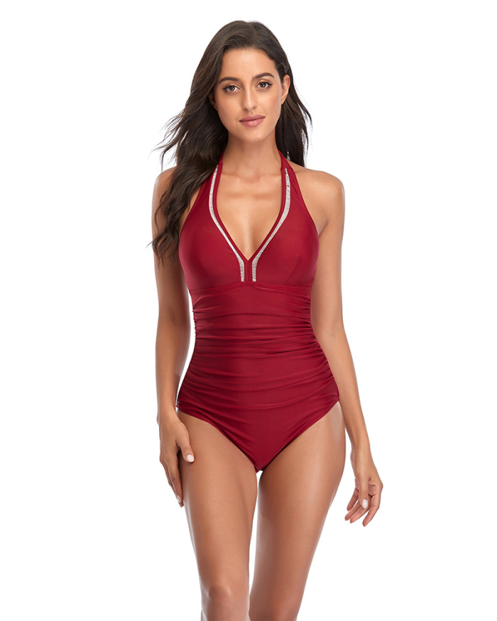 Women Solid Color V-Neck One-piece Swimsuit Pink Red Wine Red Black Yellow S-2XL