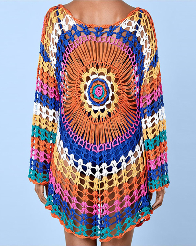 Women Long Sleeve Boho Holiday Beach Wear Sunflower Crochet Hollow Out Cover ups Dress