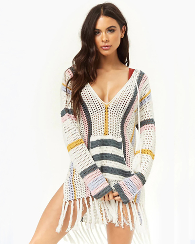 Women Colorblock Hollow Out V-Neck Long Sleeve Tassel Beach Cover Ups