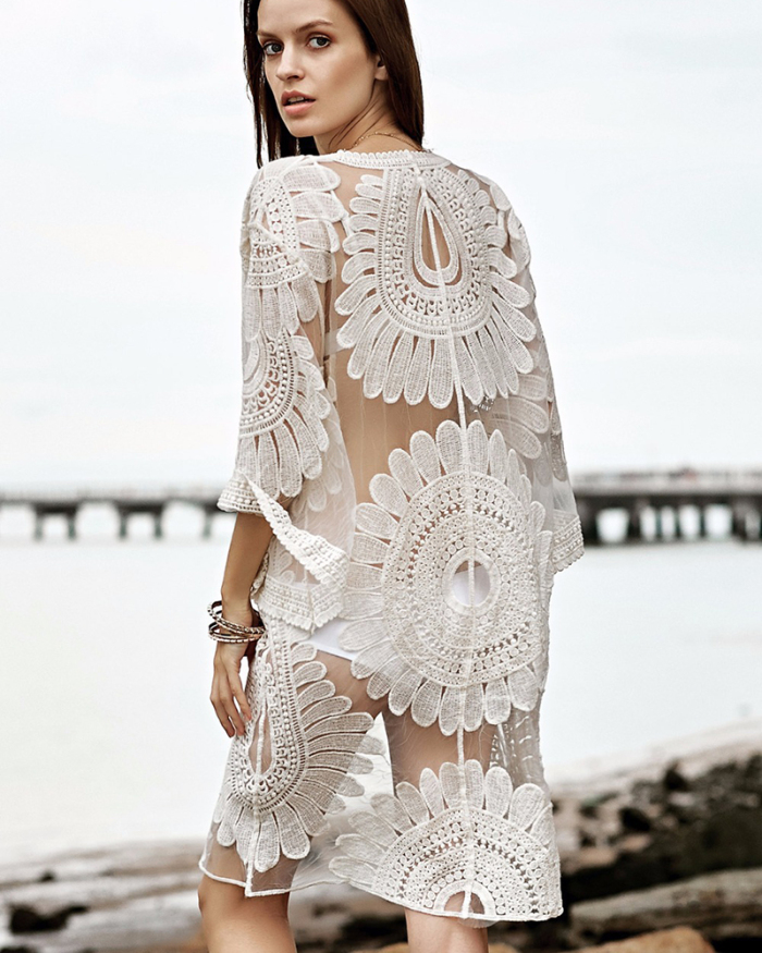 Women Fashion Lace Embroidery Midi Cardigan Beach Cover White Beige Blue Red Black One Size