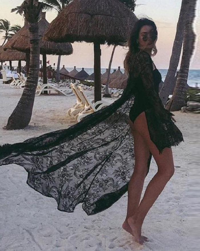 Women Lace Summer Beach Wear Long Sleeve Long Beach Cover Ups White Black M-L