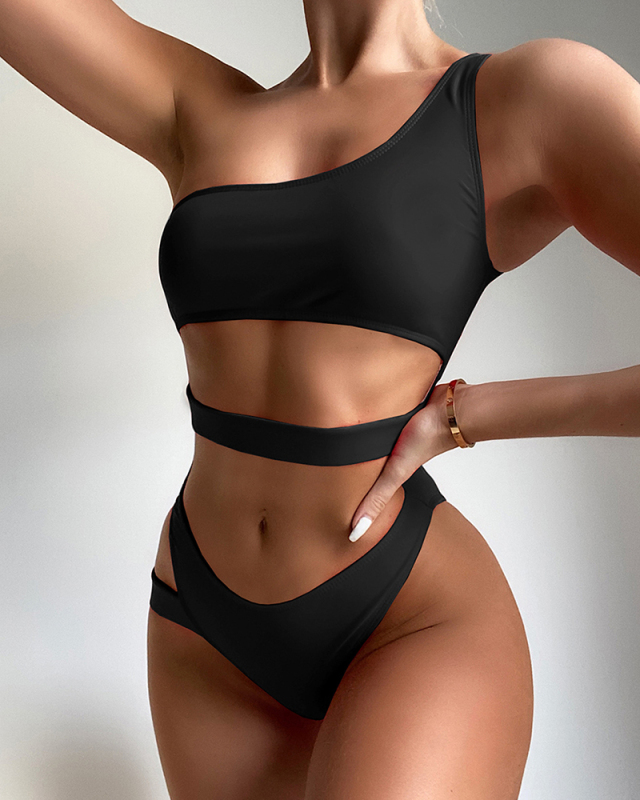 Women Solid Color Hollow Out One Piece Swimwear Red Purple Black Blue S-L