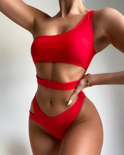 Women Solid Color Hollow Out One Piece Swimwear Red Purple Black Blue S-L