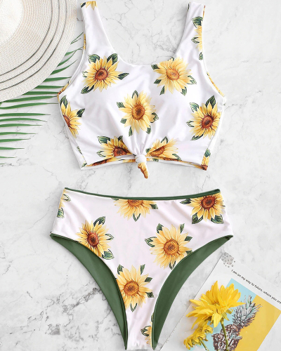 Women Florals Printed Sexy Cute Two-piece Swimsuit Yellow Green S-XL