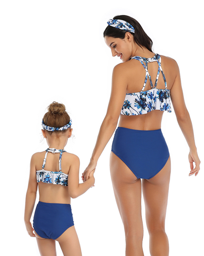 New Design Beauty Floral Ruffle Strap Mom&Child Swimsuit S-XL