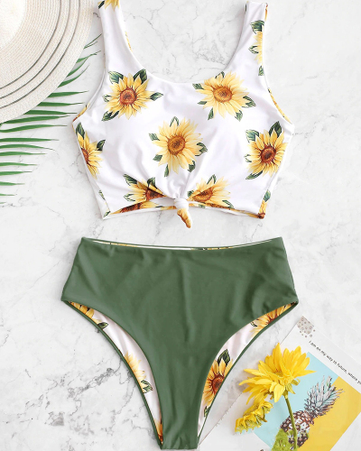 Women Florals Printed Sexy Cute Two-piece Swimsuit Yellow Green S-XL