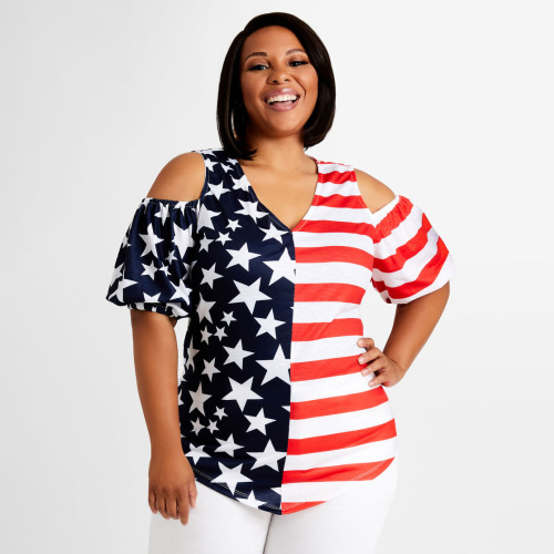 Women Colorblock Printing Hollow Out Plus Size Tops XL-4XL