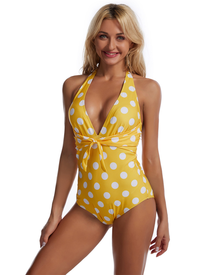 Fashion Halter Neck Dot Printed Deep V-neck One-piece Swimsuit Blue Yellow S-2XL