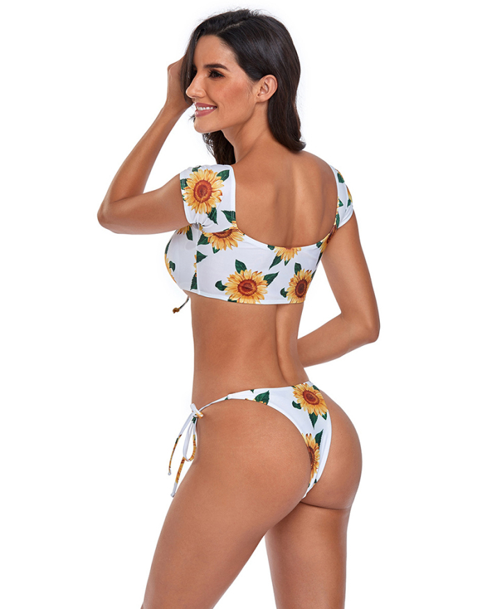 Women Florals Short Sleeve High Cut Two-piece Swimsuit Yellow White S-XL
