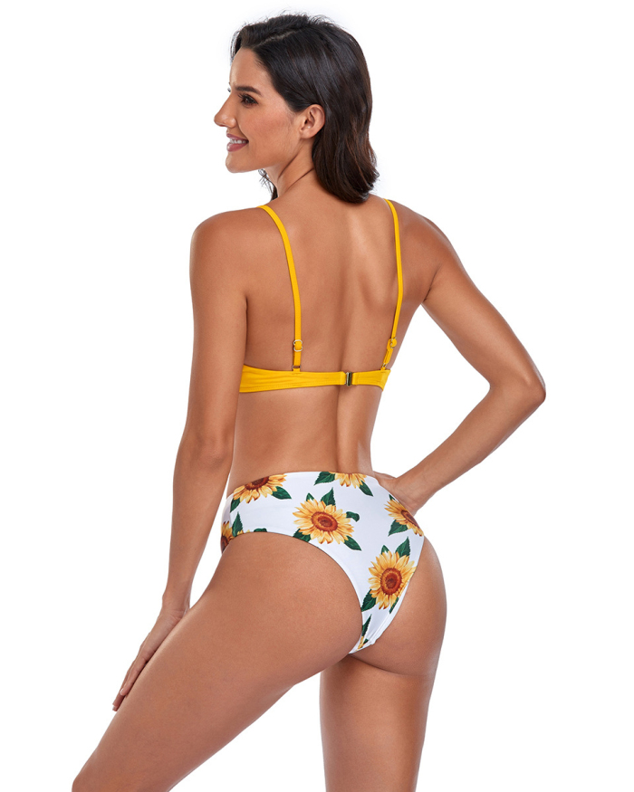Women Strap V-Neck Printed Fashion Two-piece Swimsuit Sexy Bikini Yellow Black Green S-XL