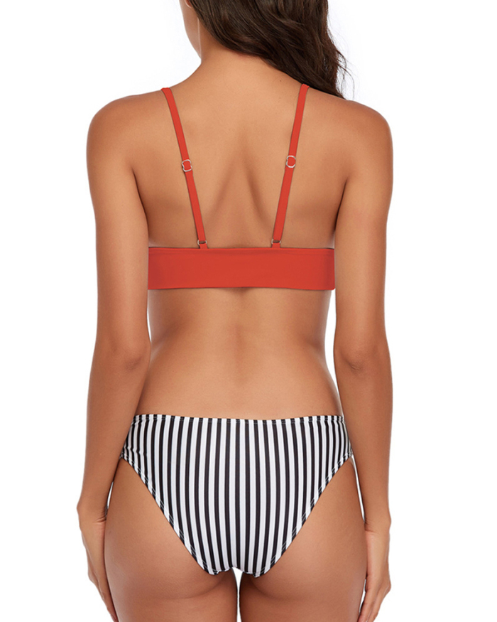 Women Solid Color V-Neck Tops Stripe Pants Two-piece Swimsuit White Black Red Yellow S-L