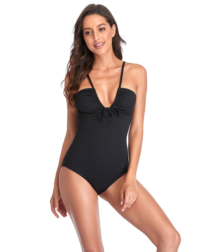 Women Solid Color Halter Neck One-piece Swimsuit White Black Yellow Red Light Blue S-2XL