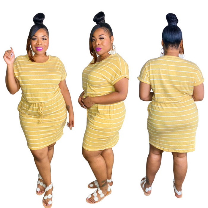 Women Short Sleeve Temperament Stripe Plus Size Dresses Blue Orange Yellow XL-5XL