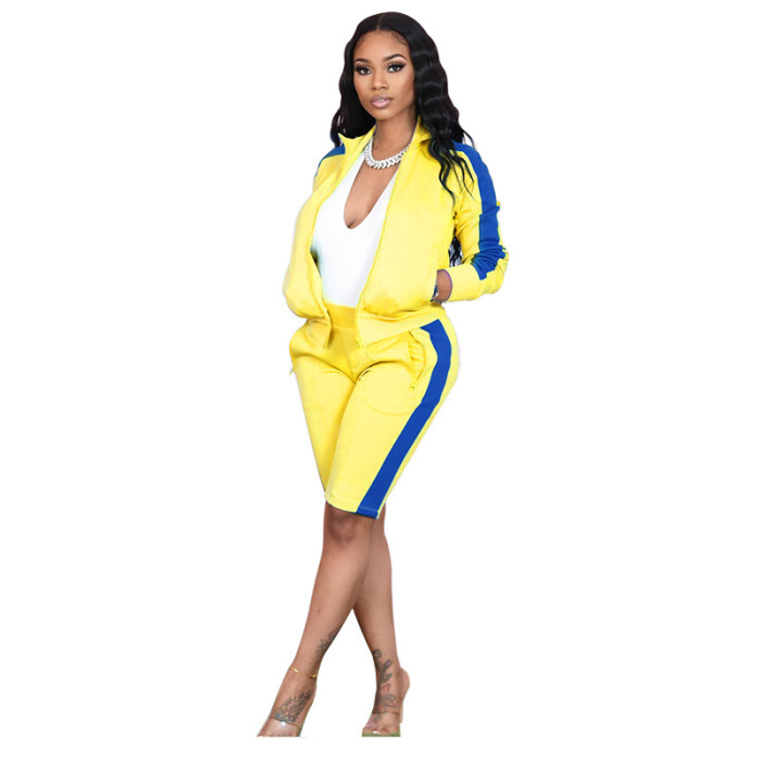 Women Fashion Long Sleeve Colorblock Sports Suit Plus Size Two Piece Sets Yellow Pink Green Red S-4XL