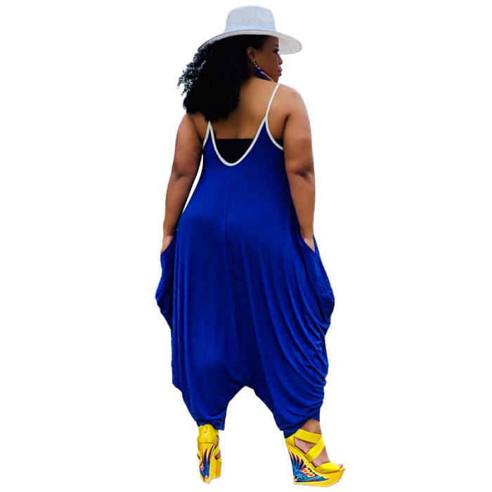 Sexy Solid Color Strap Loose Wide Leg Women Stylish Plus Size Jumpsuits Blue Black XL-5XL