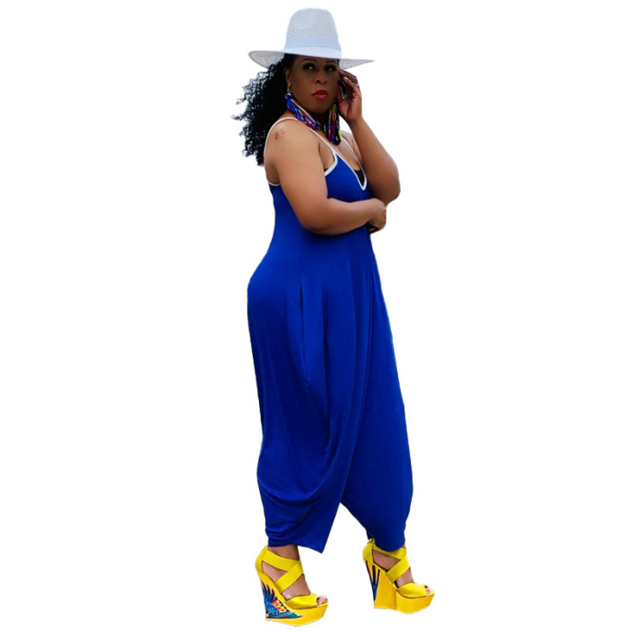 Sexy Solid Color Strap Loose Wide Leg Women Stylish Plus Size Jumpsuits Blue Black XL-5XL