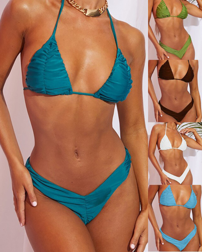Swimsuit Women Large Size Bikini Ladies Swim Suit Swimwear Bathing New Euro Solid Color Pleated Soft Split Polyester