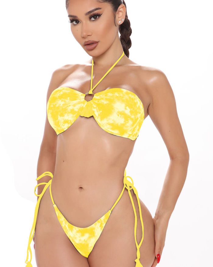 2021 New Bikini Tube Top Shoulder Neck Tie Ink Dye Printing Sexy Swimsuit Women Wholesale Swimwear