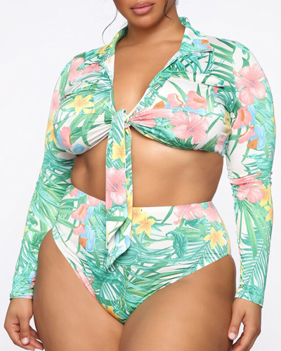 Plus Size Bikini Set 2021 Green Print High Waist Swimwear Women Long Sleeve Two Piece Swimsuit African Bathing Suit 5XL Biquini
