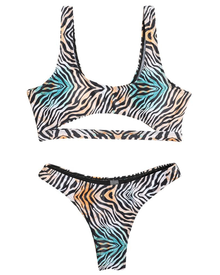 Sexy Bandeau Bikini Thong Swimwear Women Striped Zebra Print Brazilian Biquini Cut Out Swim Bathing Suit Vintage Swimsuit