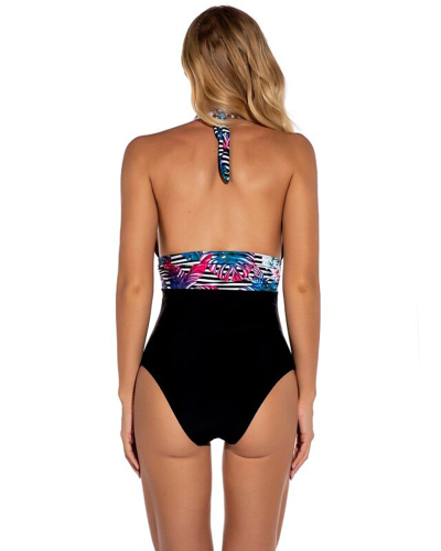 Lace-Up Halter Bandage Monokini Sexy Bikini Backless Maillot Deep V-Neck  High Cut One-Piece Floral Bathers Swimsuit Tankinis