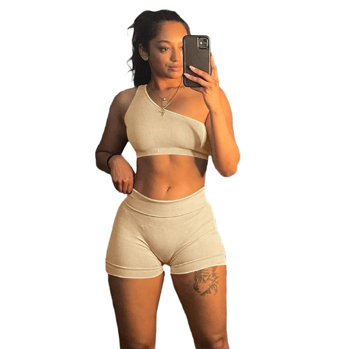 Fitness Summer Sweatsuit 2 Piece Set Solid One Shoulder Backless Tank Tops Stretchy Bikers Shorts Co-ord Outfit Jogger Tracksuit