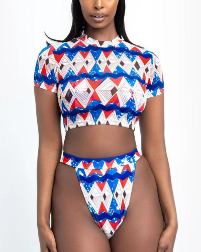 2021 New Bikini Short-sleeved Swimsuit Printed Plaid Plus Size Sexy High Waist Female Swimsuit