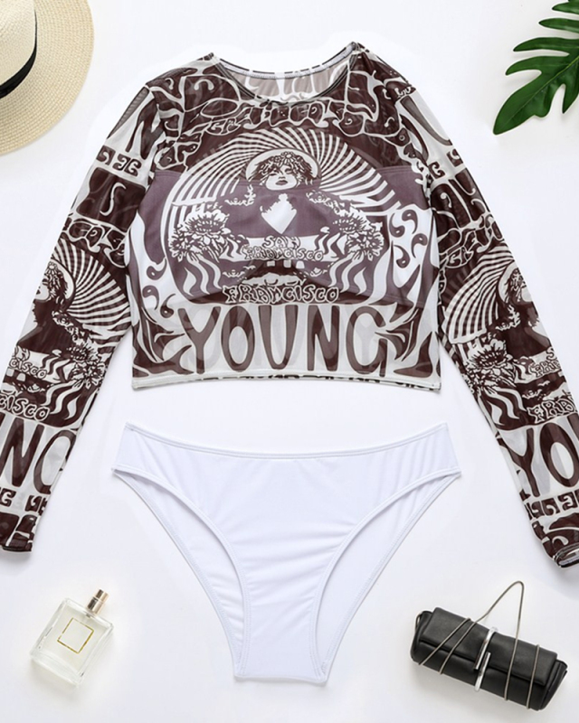 Women Summer Swimwear Long Sleeve Mesh Sunscreen White Pants Swimsuit Women Sexy Two Piece Set Bikini S-L