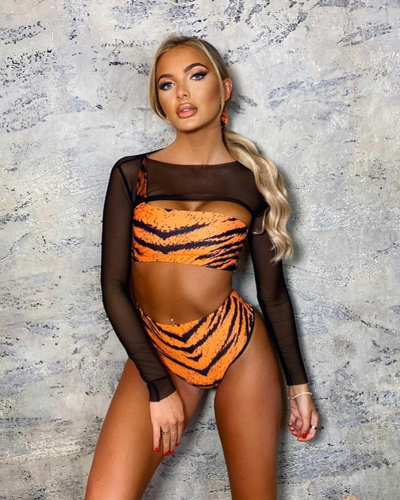 2021 New Style Swimwear Leopard Printed Long Sleeve Mesh Orange Black Swimsuit Women Sexy Three Piece Set Beach Bikini