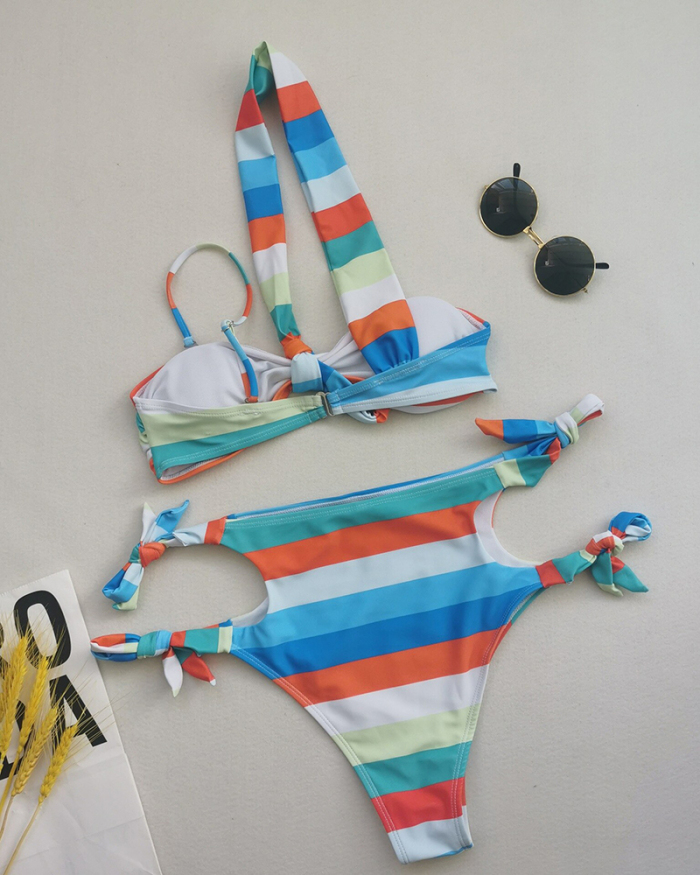 Swimsuit Women Beach Sexy Bikini Swimwear New Items Sexy Stripe Print Lace Up High Waist Polyester Sierra Surfer Swim