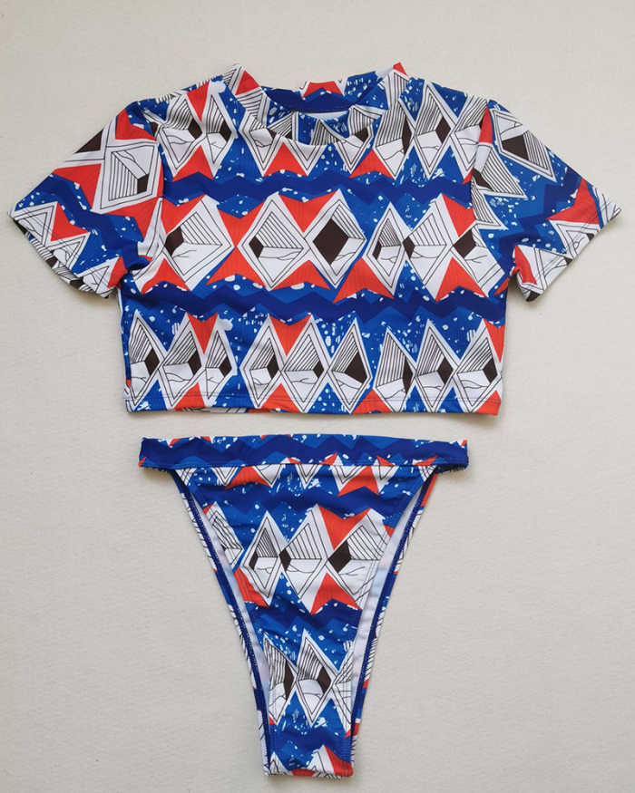 2021 New Bikini Short-sleeved Swimsuit Printed Plaid Plus Size Sexy High Waist Female Swimsuit