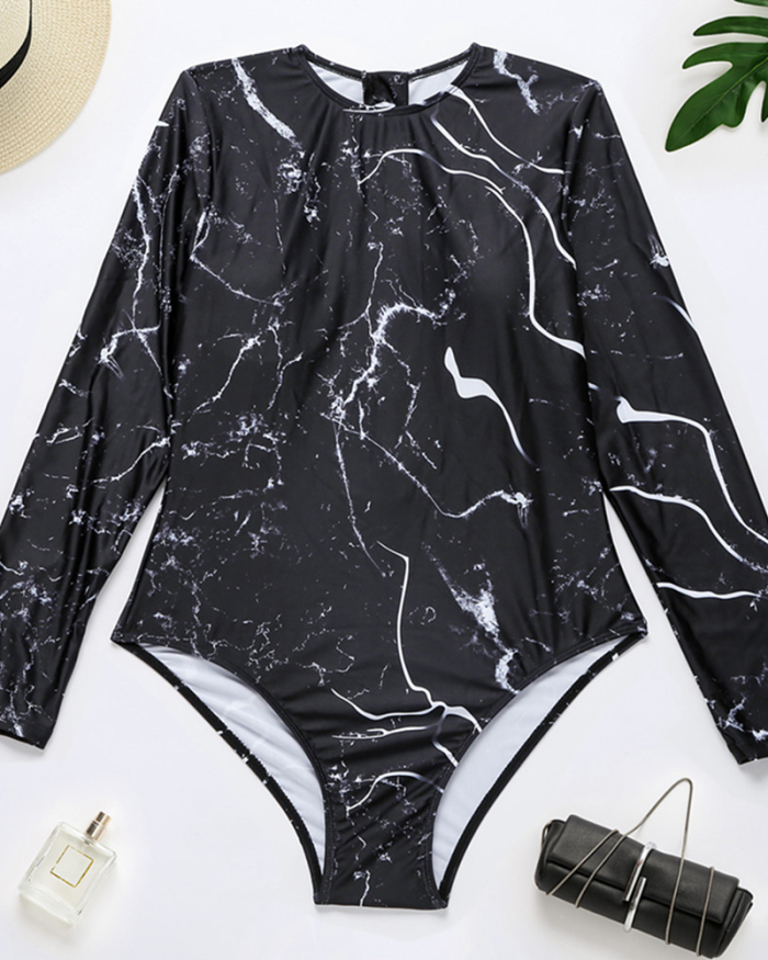 Lady Fashion O Neck Flower Leaf Marble Printing Long Sleeve Surfing Swimsuit One Piece Swimwear S-L