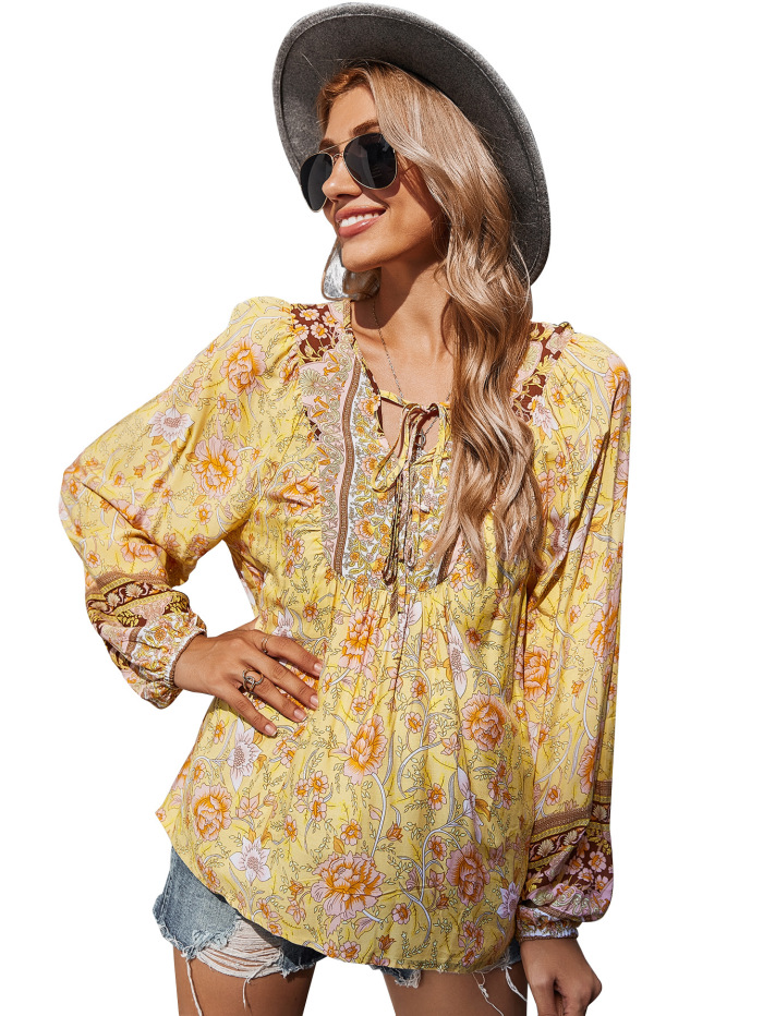 Women Fashion Floral V-neck Long Sleeve Casual Summer Blouses Pink Yellow Orange Blue Navy Blue S-XL