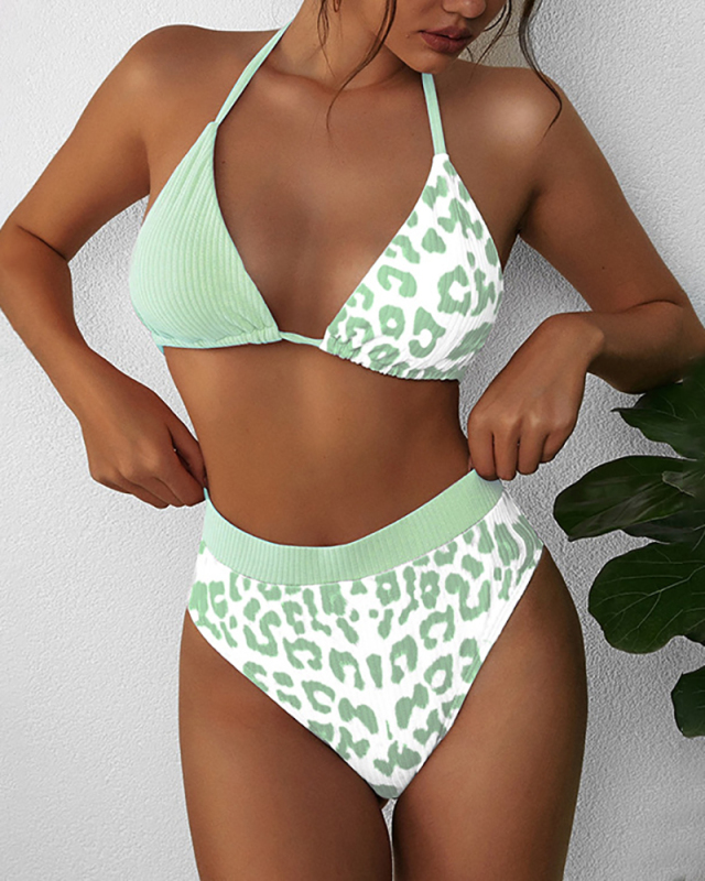 Women Sexy Strappy Print Halter Two Piece Swimwear Green Blue S-L