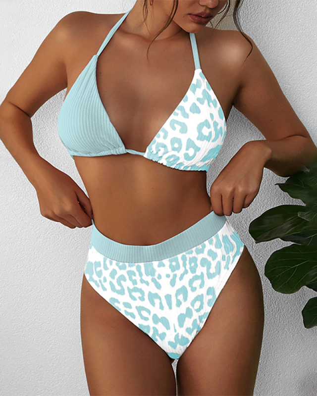 Women Sexy Strappy Print Halter Two Piece Swimwear Green Blue S-L
