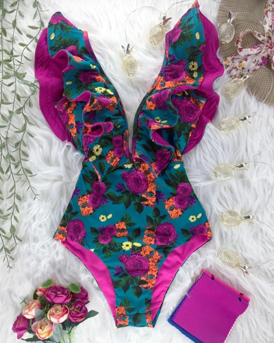 Sexy Swimwear Flounces Printed One-piece Swimsuit