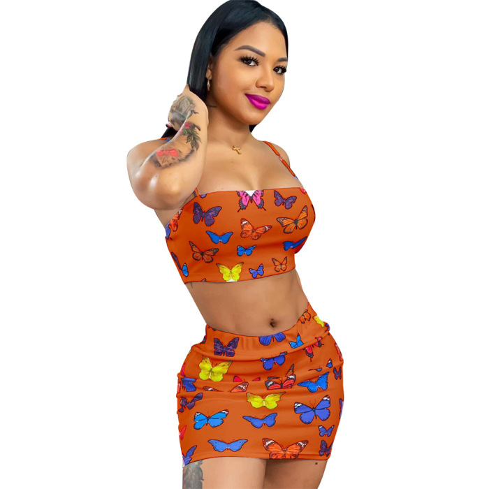 Printed Butterfly Cute Two Piece Skirt Set