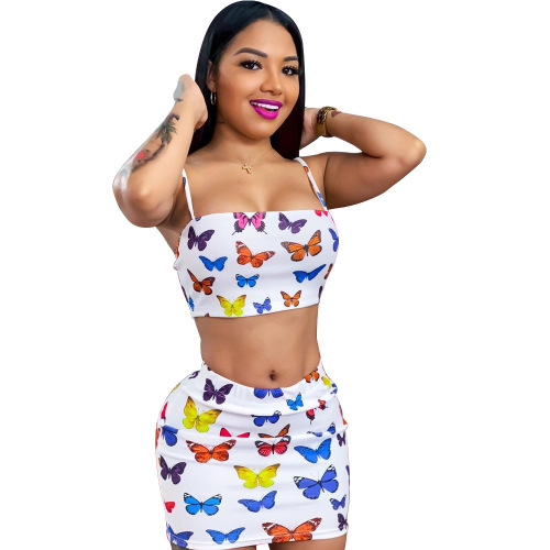 Printed Butterfly Cute Two Piece Skirt Set